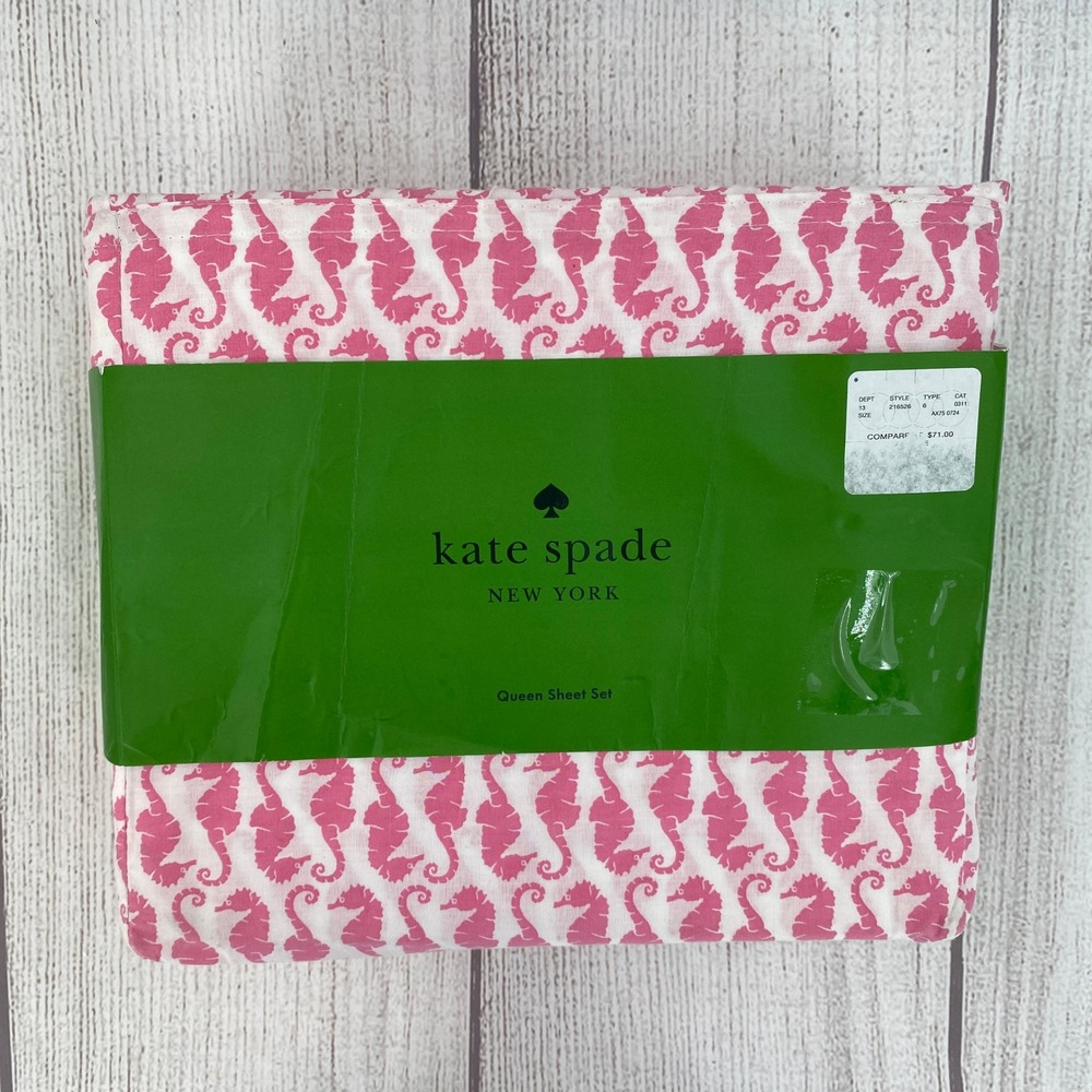 Kate Spade Sheet Set Queen Pink White Seahorse 100% Cotton Percale Coastal
